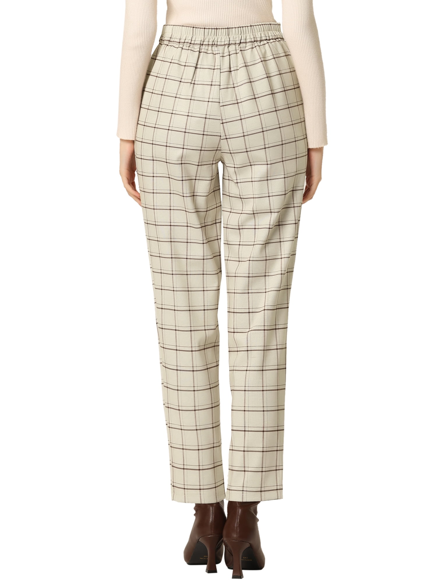 DARING DIVA Women's Tartan Plaid Pants Elastic Waist Straight Trousers XS Beige
