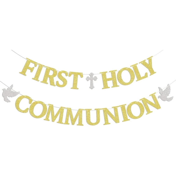 First Holy Communion Banner - 1st Baptism Banner, Blessing On Your Confirmation Decor, First Communion Bunting, God Bless This Child, Confirmation Party Decorations Gold Glitter