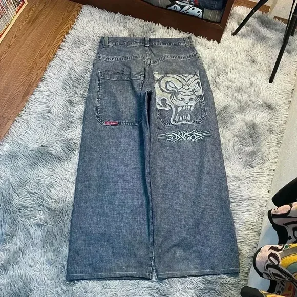 Harajuku Embroidered Protect Jeans Men Y2K Style Retro Denim Pants Streetwear Casual Baggy High Waist Wide Leg Trousers New