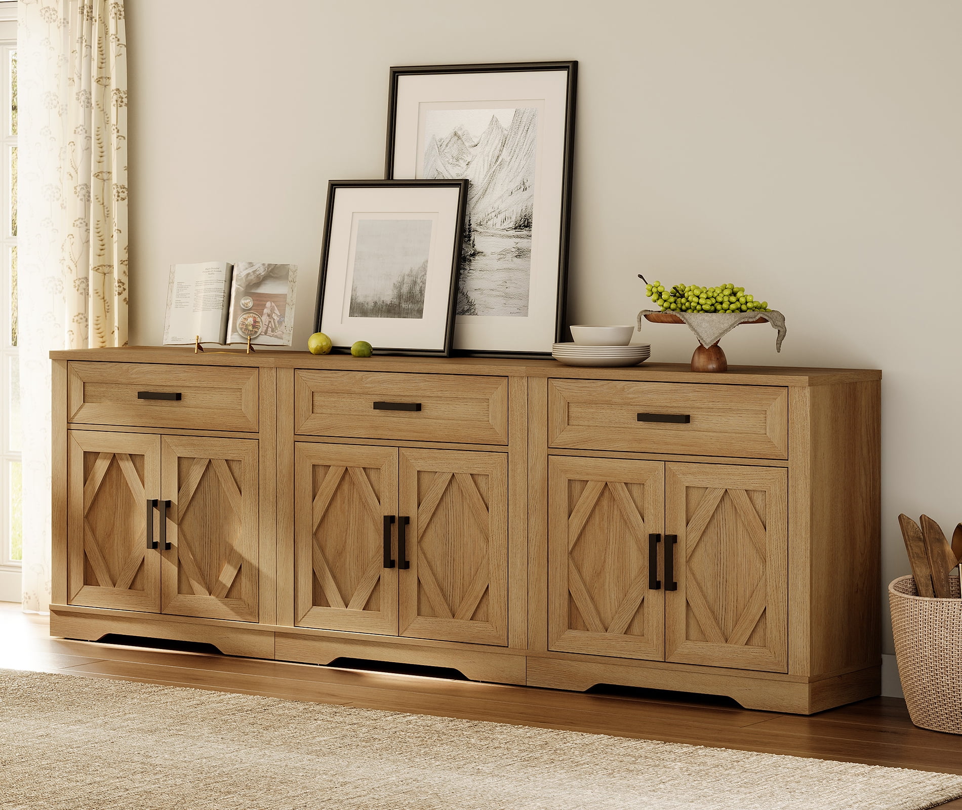WAMPAT 94.5"W Farmhouse Buffet Sideboard with Barn Doors, Drawer & Storage, Light Oak
