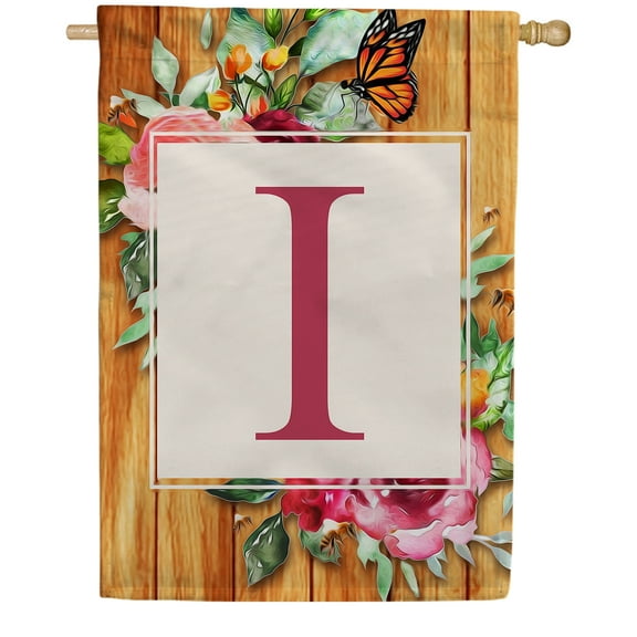 America Forever Spring Monogram House Flag Letter I 28 x 40 inches Double Sided Vertical Outdoor, Yard, Lawn, Seasonal Decorative Flowers Bees and Butterflies Summer House Flag