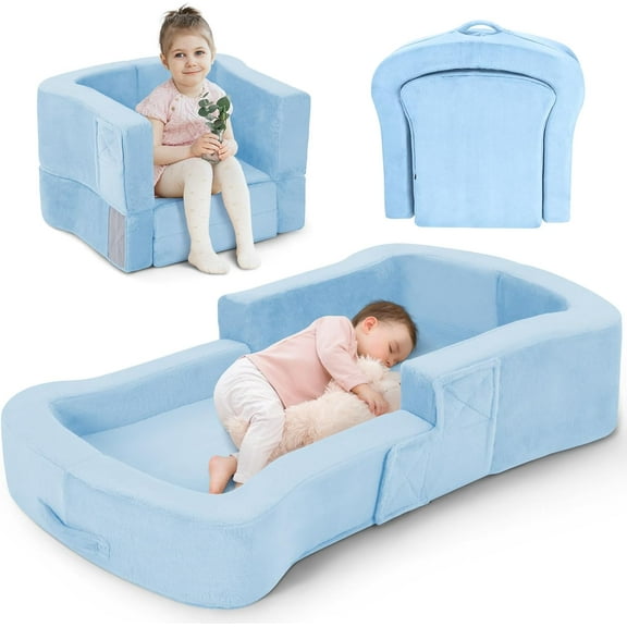 Toddler Travel Bed, 2-in-1 Foldable Portable Toddler Bed Sofa Chair, Soft Baby Kids Travel Floor Cot with Washable Covers Blue