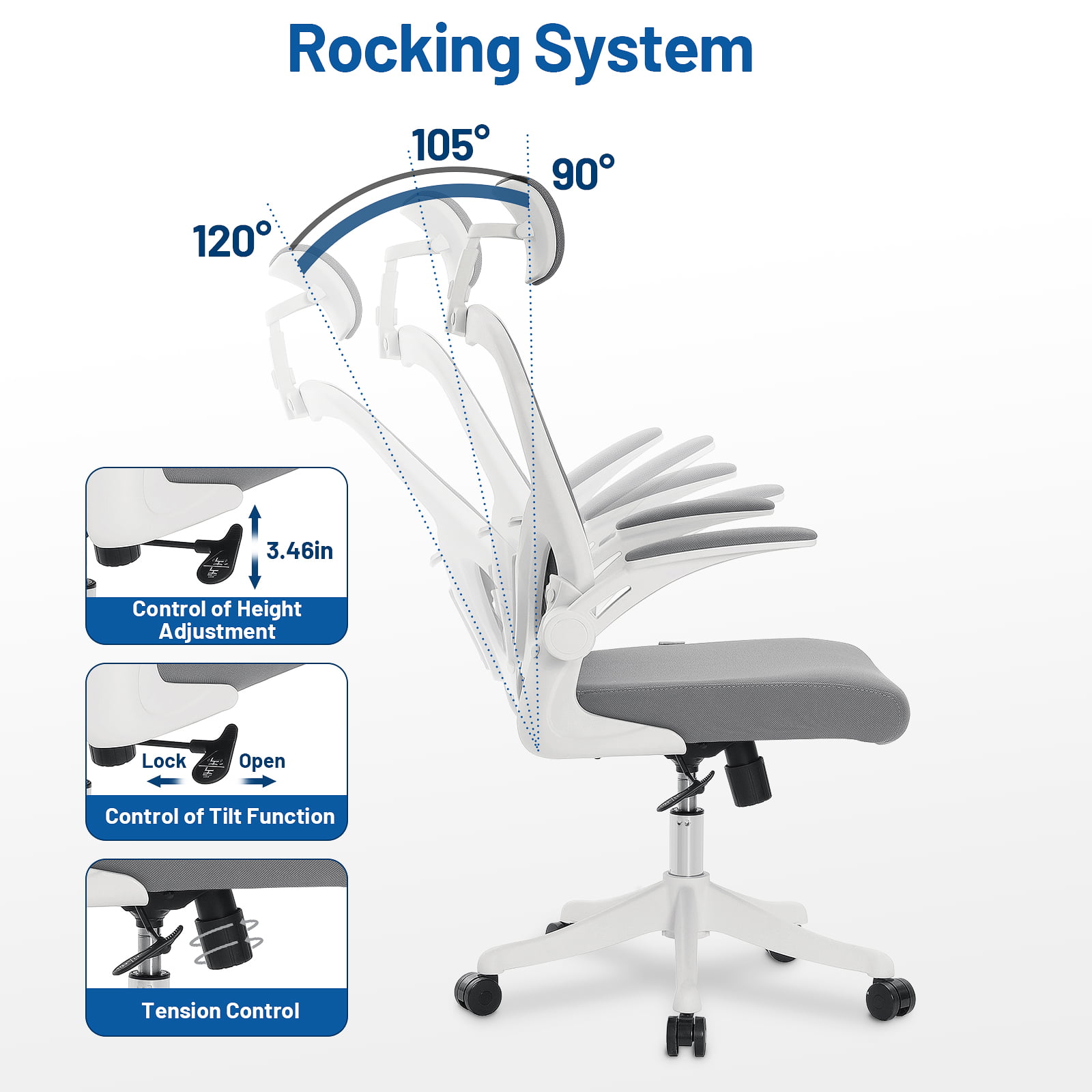 Hoffree Ergonomic Mesh Office Chair High Back Executive Desk Chair with  Adjustable Lumbar Support Flip-up Armrests & Rotatable Headrest Swivel  Reclining Computer Chair w/Rolling Casters, Black/White 