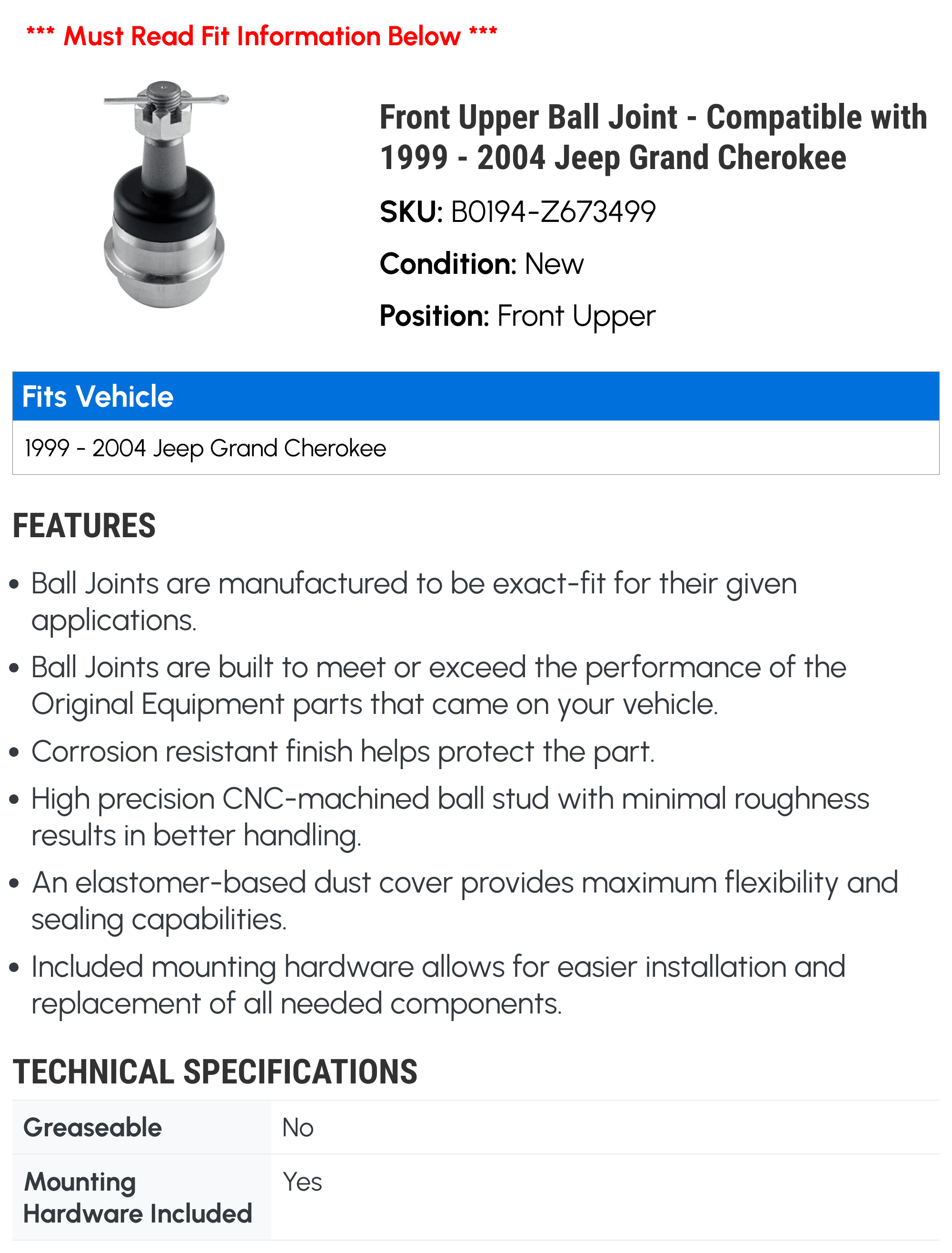 Front Upper Ball Joint - Compatible with 1999 - 2004 Jeep Grand Cherokee 2000 2001 2002 2003