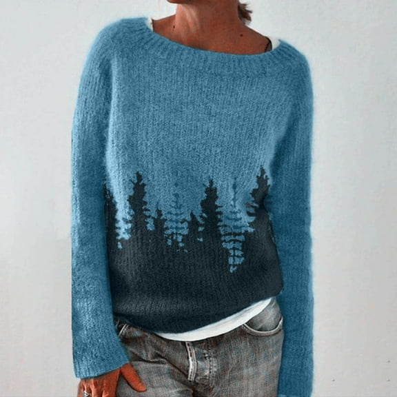 Fair Isle Sweater for Womens Crewneck Knit Sweaters Pullovers Tops Vintage Fall Outfits Blue L