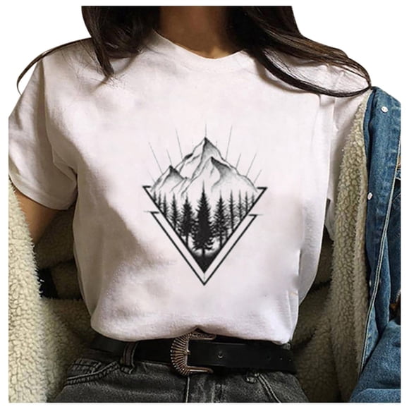 Pompotops Women's Fashion Geometric Graphic Print Harajuku Female Round Neck Loose T-shirt