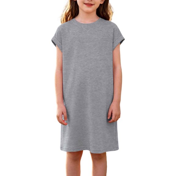 UQJfacai Girls Short Sleeve Dress A-Line Loose Casual Shift Swing Summer Crewneck T-Shirt Dress with Pockets 5-14 Years