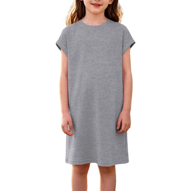 Vestido de Primavera de Niña Vestidos Sueltos Casuales con Bolsillos para 5-14 Años Vestido de Verano de Manga Corta Estirable Suave Y Cómodo para las Vacaciones Escolares