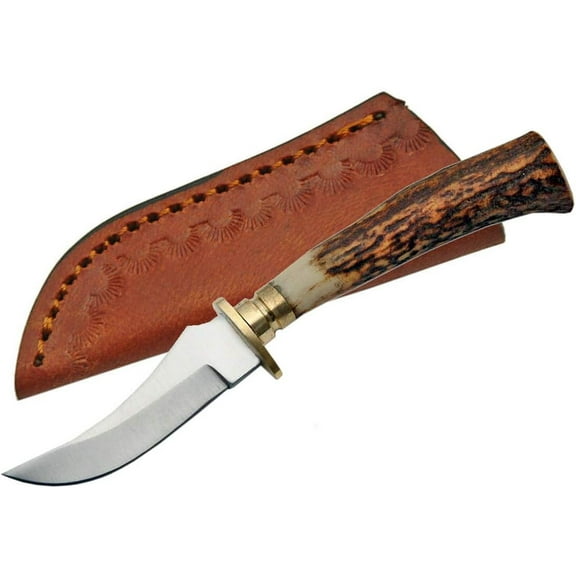 SZCO Supplies Mini Stag Hunting Knife with Leather Sheath Perfect for Outdoor, Camping