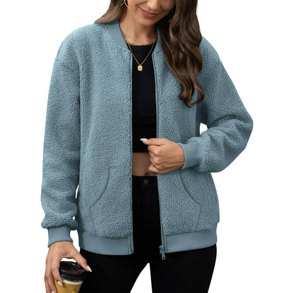 Gytharion Women's Long Sleeve Plush Coats Fashion Solid Casual Full Zip Jacket Winter Soft Comfy Sherpa Fleece Warm Jacket with Pockets