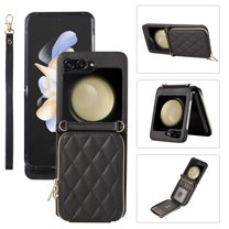 SaniMore for Samsung Galaxy Z Flip 5 Buisness Case, Zipper Purse [Card Holders] Magnetic Clasp Flip Kickstand Wrist/Crossbody Lanyard PU Leather Wear-resistant Full Body Protective Wallet Shell, Black