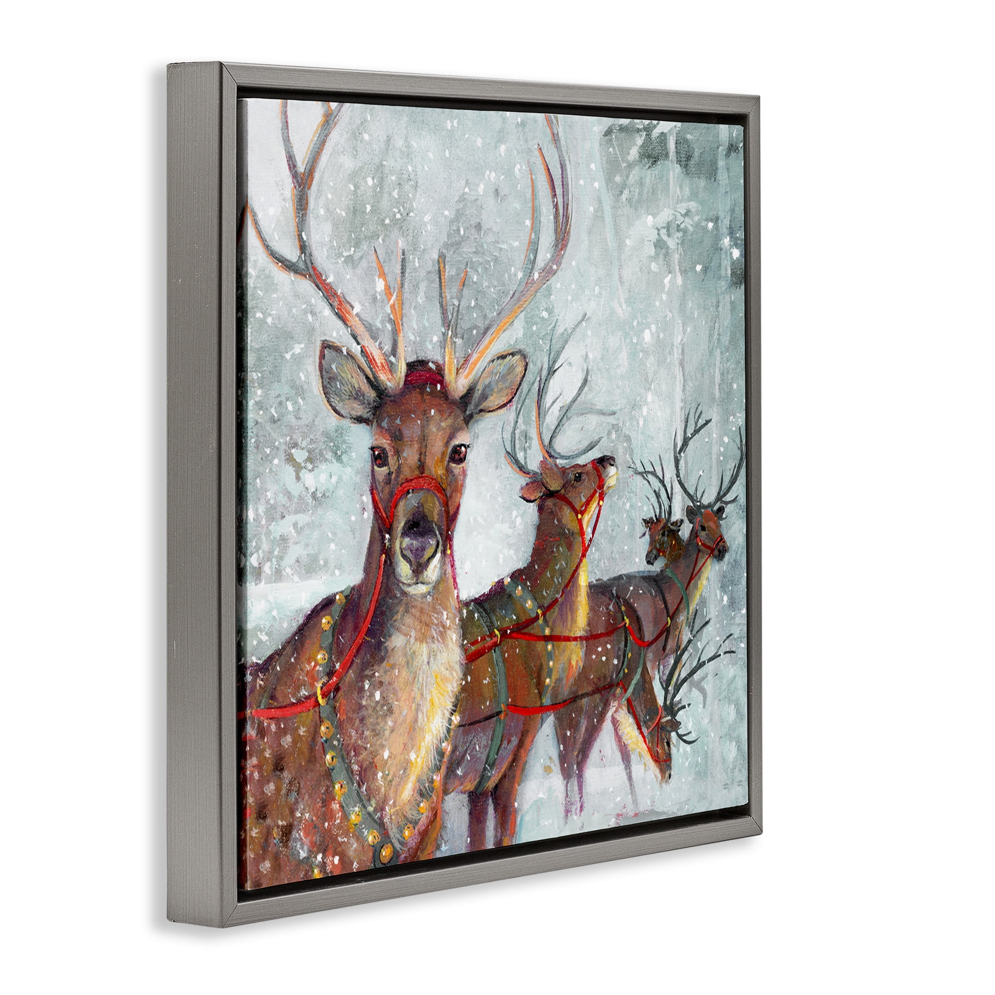 Stupell Industries Winter Reindeer Holiday Landscape Holiday Painting Gray Floater Framed Canvas Art Print Wall Art, 18 x 18