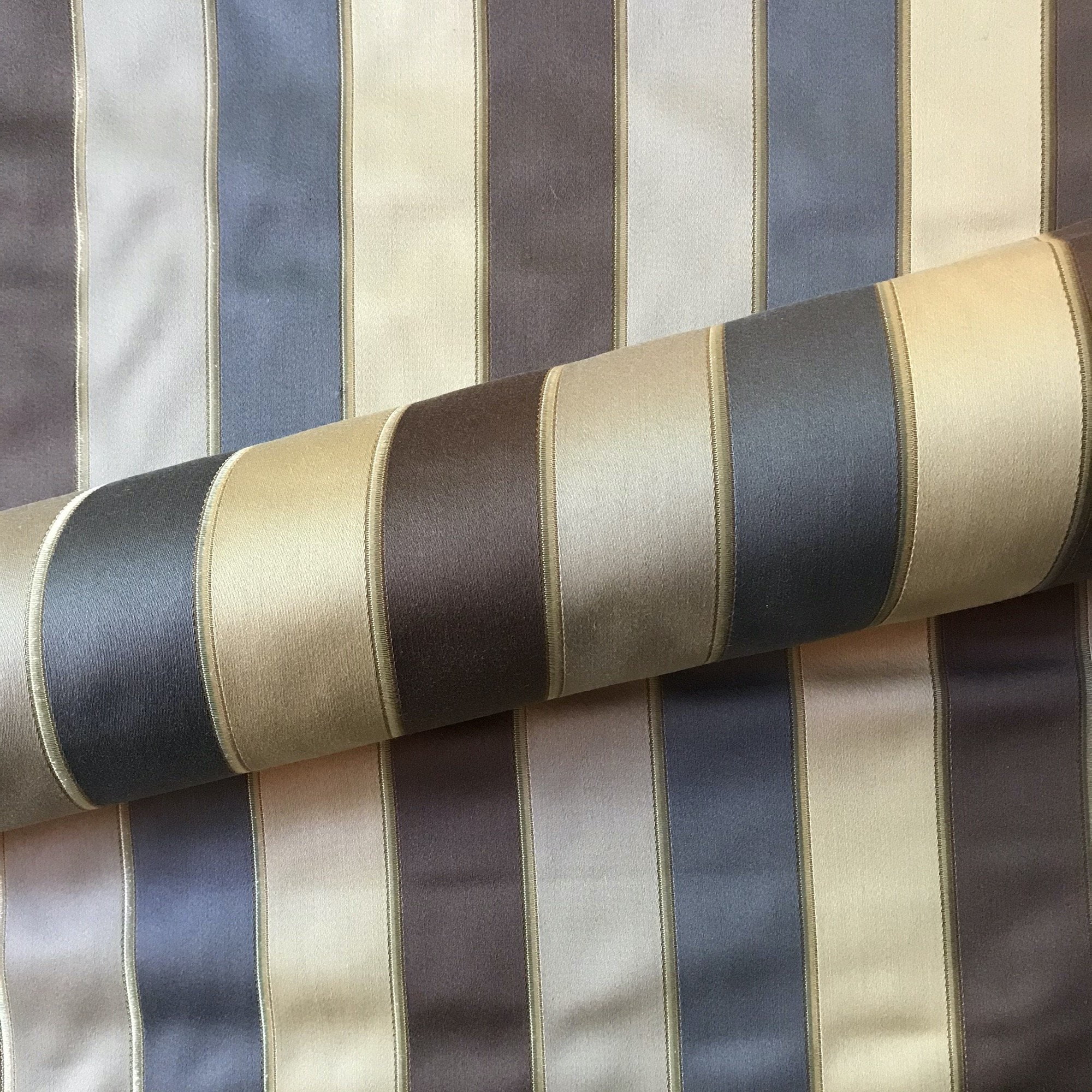 Tan And Gray Oxford Wide Stripe Silk Upholstery Fabric 54" by the Yard