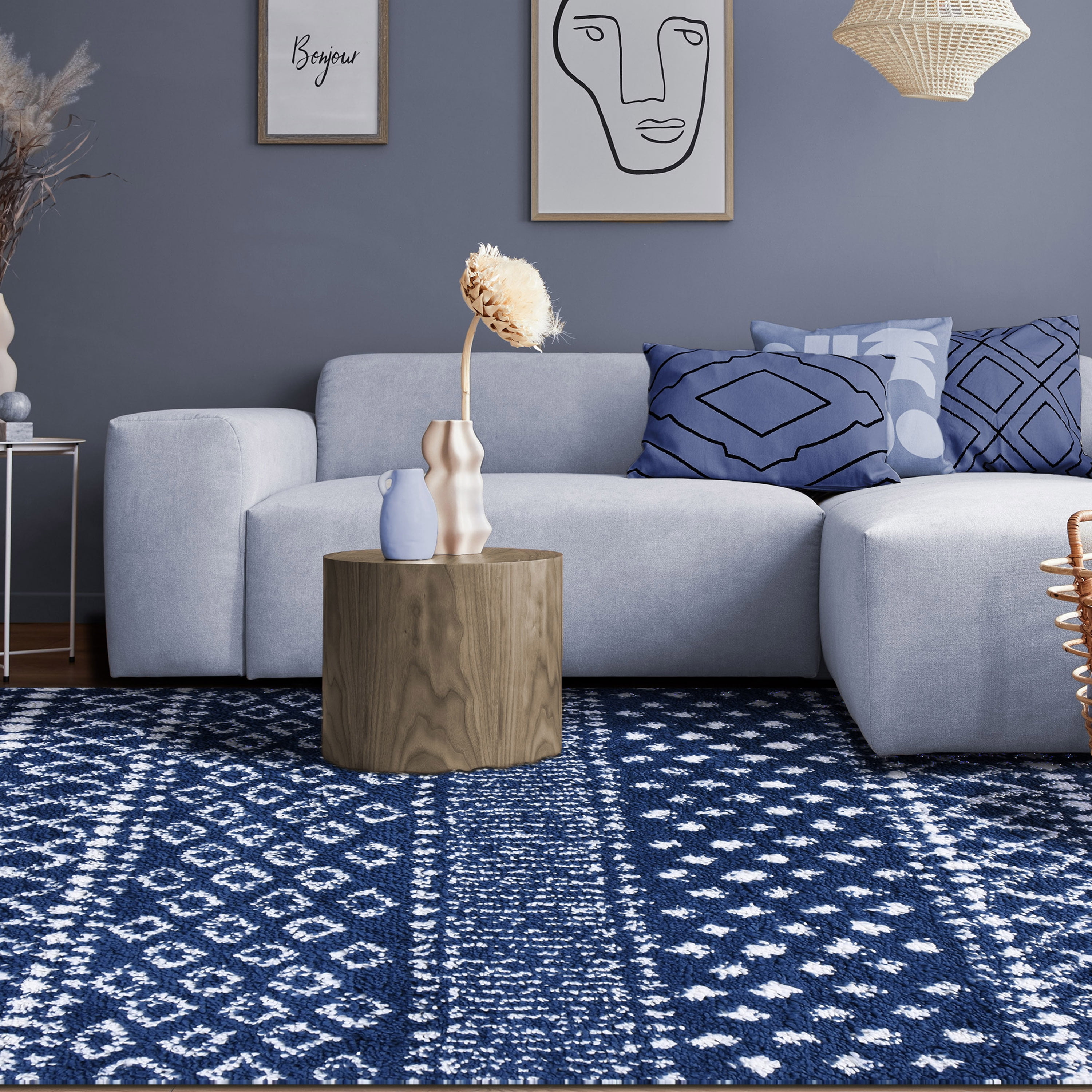 Boho Geometric Plush Shag Indoor Area Rug, Cream/Blue, 4' x 6'