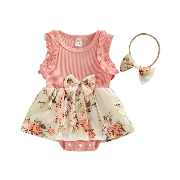 Franhais Baby Girls Summer Romper with Headband, Sleeveless Ribbed Crew Neck Floral Dress-Like Romper, Infant Girl Snap Triangle Jumpsuit