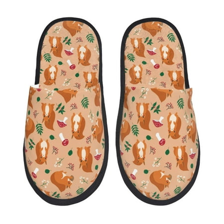 

Fuzoiu Squirrel And Mushroom Print Unisex Furry Slippers Plush Indoor Shoes Trendy House Slippers Anti-Skid EVA Sole House Shoes for Home Office and Travel -Large