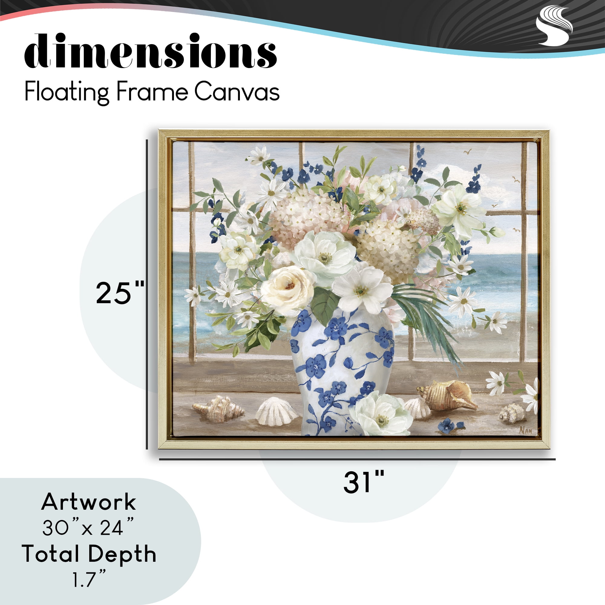 Stupell Industries Seashells & Flowers Windowsill Gold Framed Floater Canvas Wall Art, design by Nan