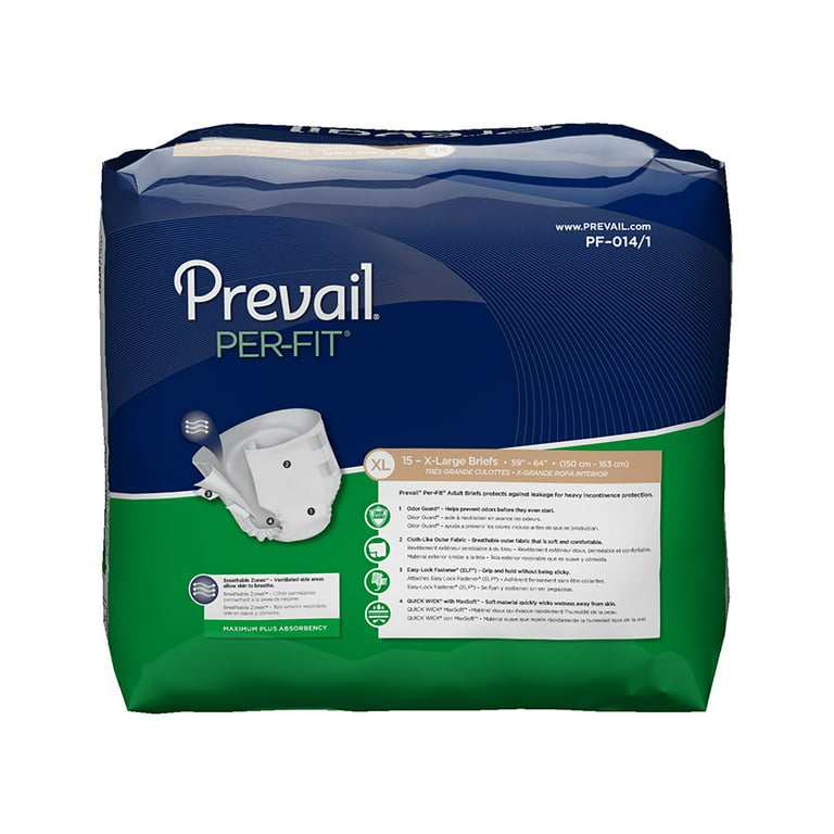 Prevail Per-Fit Daily Briefs, Incontinence, Disposable, Maximum Plus  Absorbency, XL, 15 Count, 4 Packs, 60 Total
