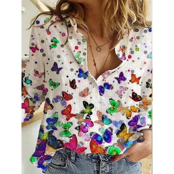 Tralilbee New Commuter Elegant Ladies Shirt Fashion Versatile Casual Lapel Long Sleeve Top Colorful Print Temperament Shirt