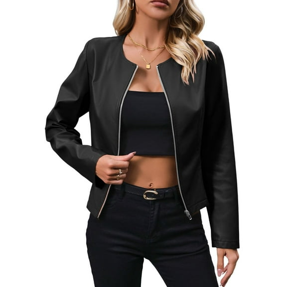 SWSMCLT Women's Faux Leather Jacket Short Biker Coat Winter Moto Zipper Motorcycle Long Sleeve Warm Casual Soft Full Zip 2025 Black X-Large