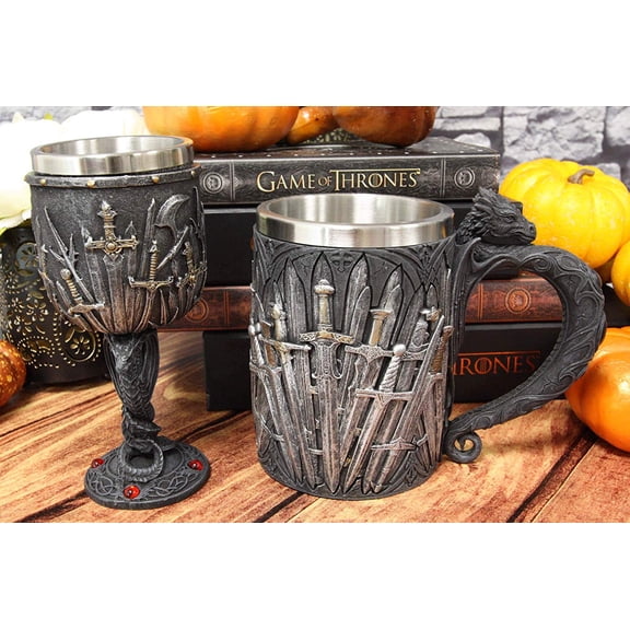Set of 2 Medieval Valyrian Steel Swords Wine Goblet And Dragon Iron Throne Mug