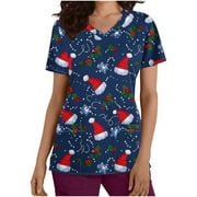 Trikvn Festive Christmas Printed Scrubs for Women V-Neck Holiday Nursing Uniform Tops Short Sleeve Medical Work Shirts with Front Pockets Comfortable Healthcare Apparel