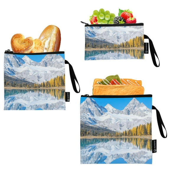 Haosy 3 Pack Reusable Ziploc Bags BPA Free Healthy Food Storage Bag Leakproof Sandwich Snack Freezer Bags Snow-capped Mountains Reflecting in Lake
