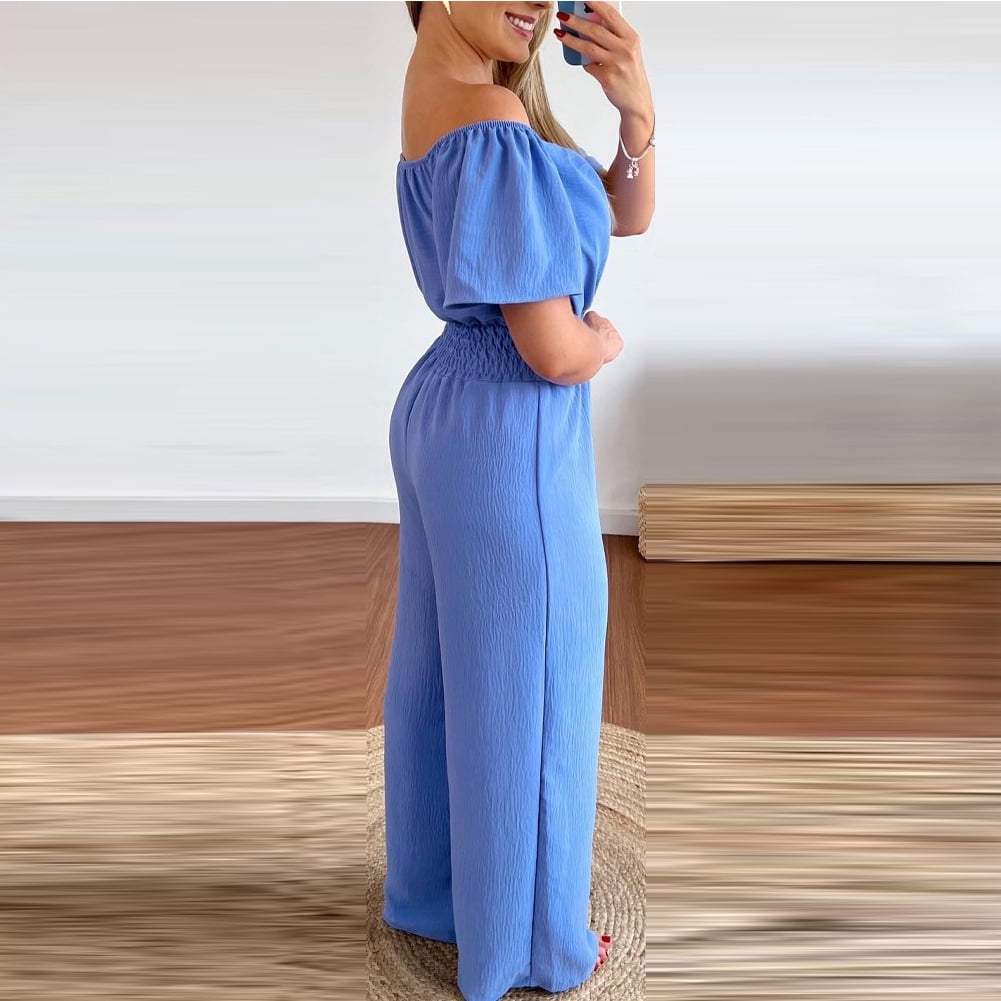 FJUCHAI Women's Casual Jumpsuits Loose Overalls Short Sleeve One Piece Wide Leg Long Pant Rompers With Pockets S-XL