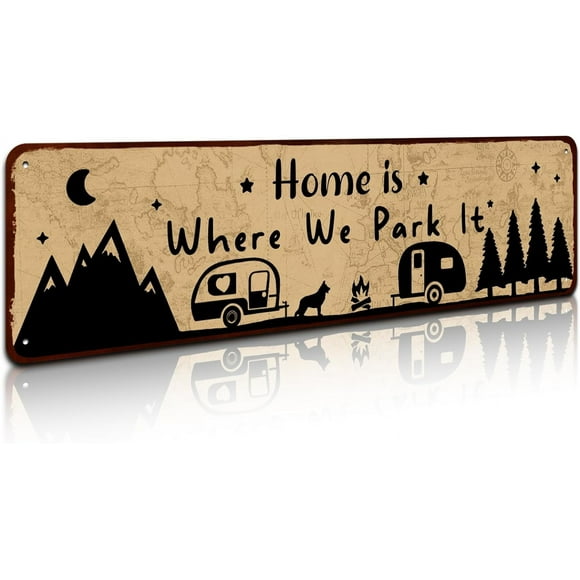 MISSUNNY Funny Home is Where We Park It Metal Tin Sign Wall Decor Farmhouse Rustic Camping Signs with Sayings for Home Garage Men Cave Yard Decor Camper Gifts, 4" by 16"