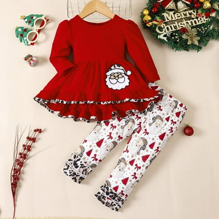

Christmas Toddler Girls Christmas Winter Long Sleeve Santa Prints Shirt Tops Cartoon Pants 2PCS Outfits Clothes Set
