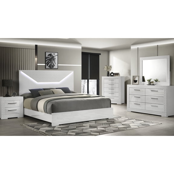 White 5-piece Bedroom Set | LED Lighting, Multiple Drawers for Bedroom Organization