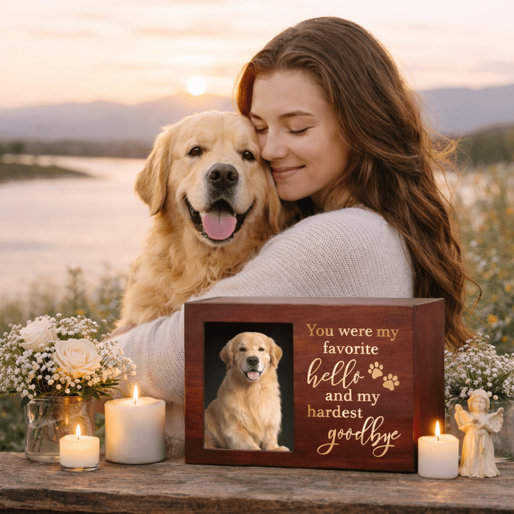 Pet Memorial Urn, Large Wooden Cremation Urn with Photo Frame, Keepsake Memory Box for Dog and Cat Ashes, Black Flannel Lining