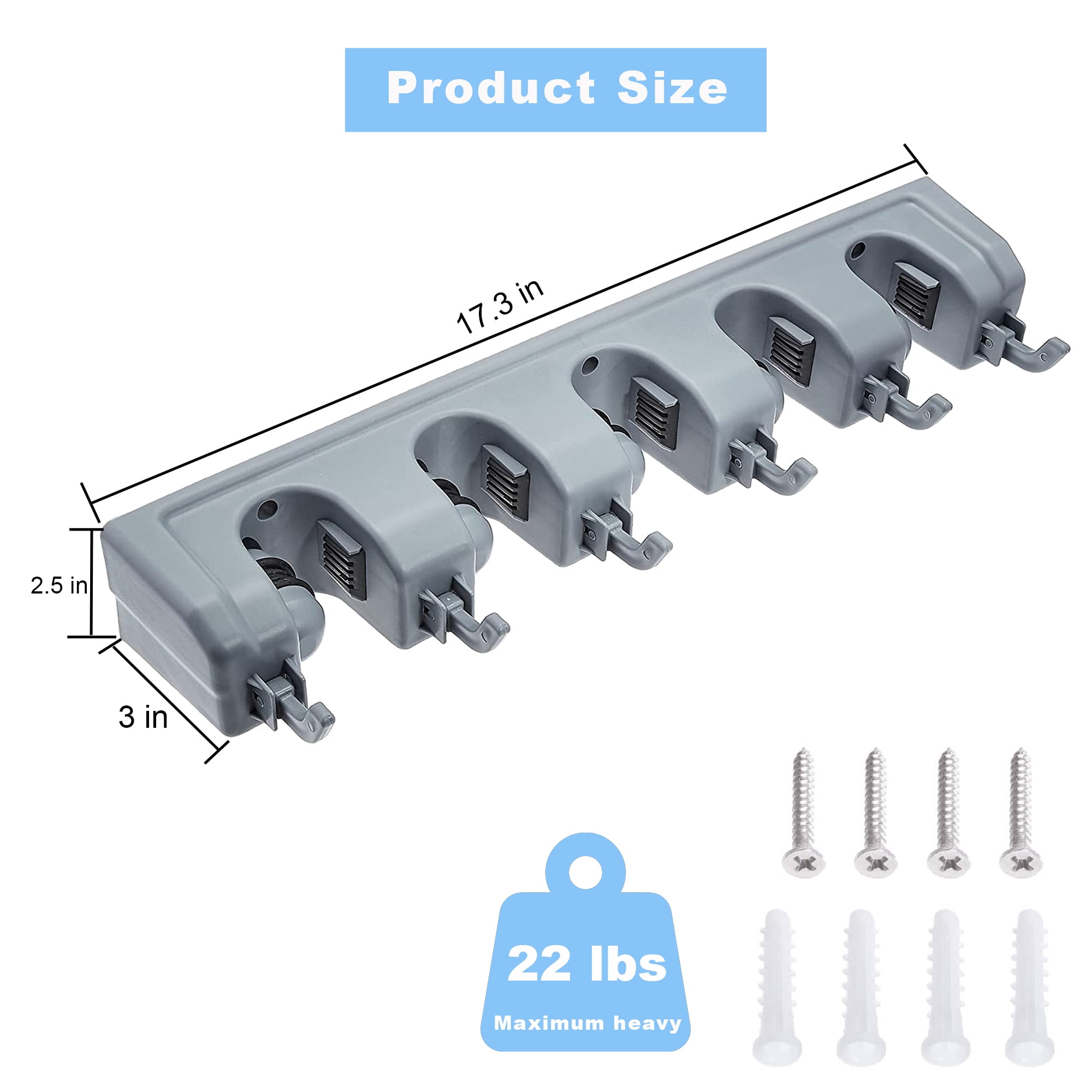 BreezyLife Mop and Broom Holder Wall Mount, Organizer Storage Hooks with 5 Ball Slots and 6 Hooks