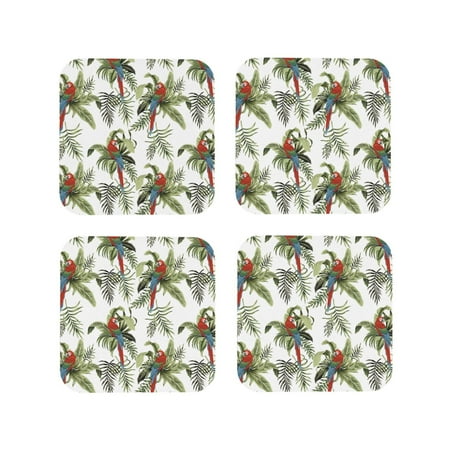 

Coasters Set of 4 - Red Gold Cute Macaw Parrot Plant Drink Coasters for Tabletop Protection Leather Coasters for Living Room Decor and Housewarming Gift Square