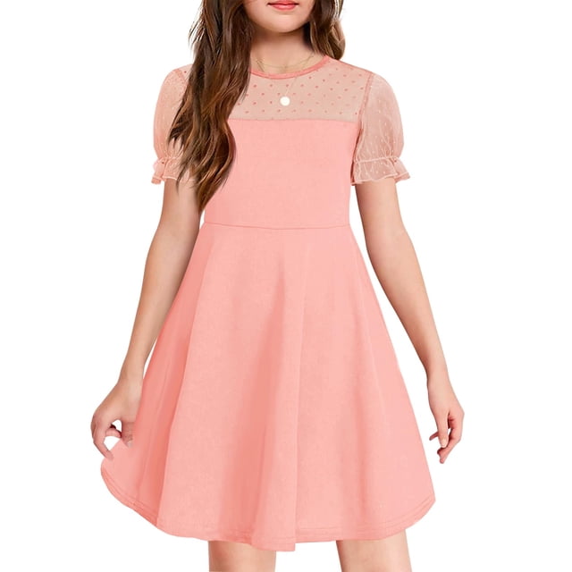 Vestido Haloumoning para niñas, malla en contraste, manga abullonada, rosa oscuro