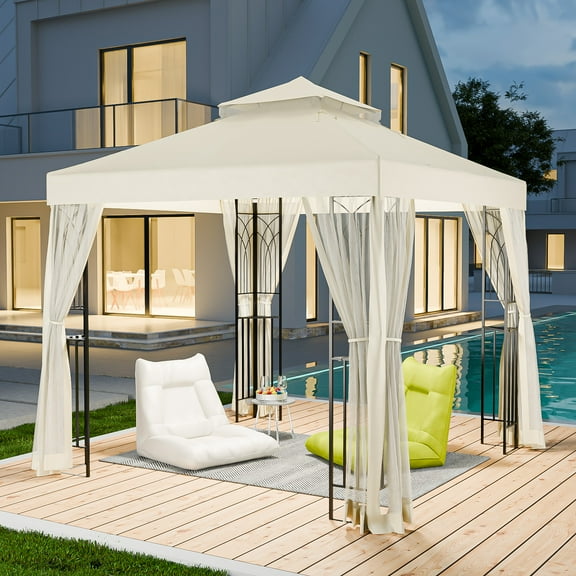 INTER HUT 8x8 Metal Patio Double Soft Roof Gazebo Outdoor Canopy Tent with Netting, Ceiling Hook, Shelves