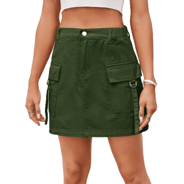 LYMAYTER Jupe Courte Mini Décontractée pour Femme Poches Cargo Taille Extensible Jupe en Jean P-2TG