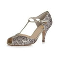 thumbnail image 2 of XYD Women Peep Toe T-Strap Butterfly Shaped Sandals Mid Heels Bridal Fancy Ballroom Pumps Shoes Size 6.5 Champagne Glitter, 2 of 4