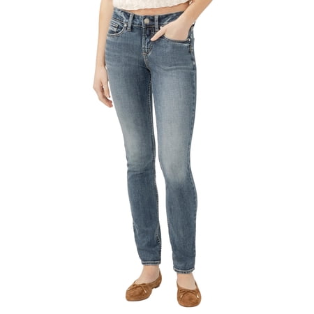 Silver Jeans Co. Women's Suki Mid Rise Curvy Fit Skinny Jeans, Dark Wash Met, 24W x 29L