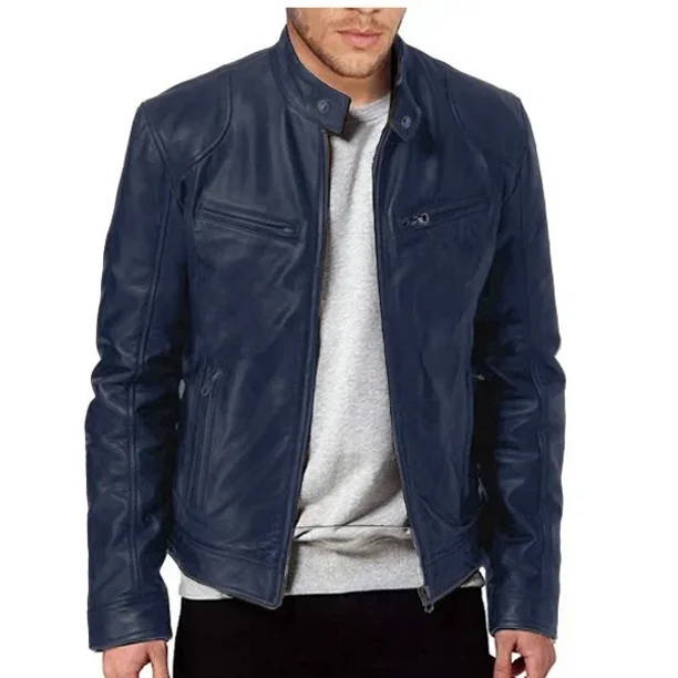 Chaqueta de cuero para motocicleta para hombre, chaquetas ajustadas de PU con solapa, abrigo de cuero informal a prueba de viento con cremallera para otoño e invierno, ropa para hombre