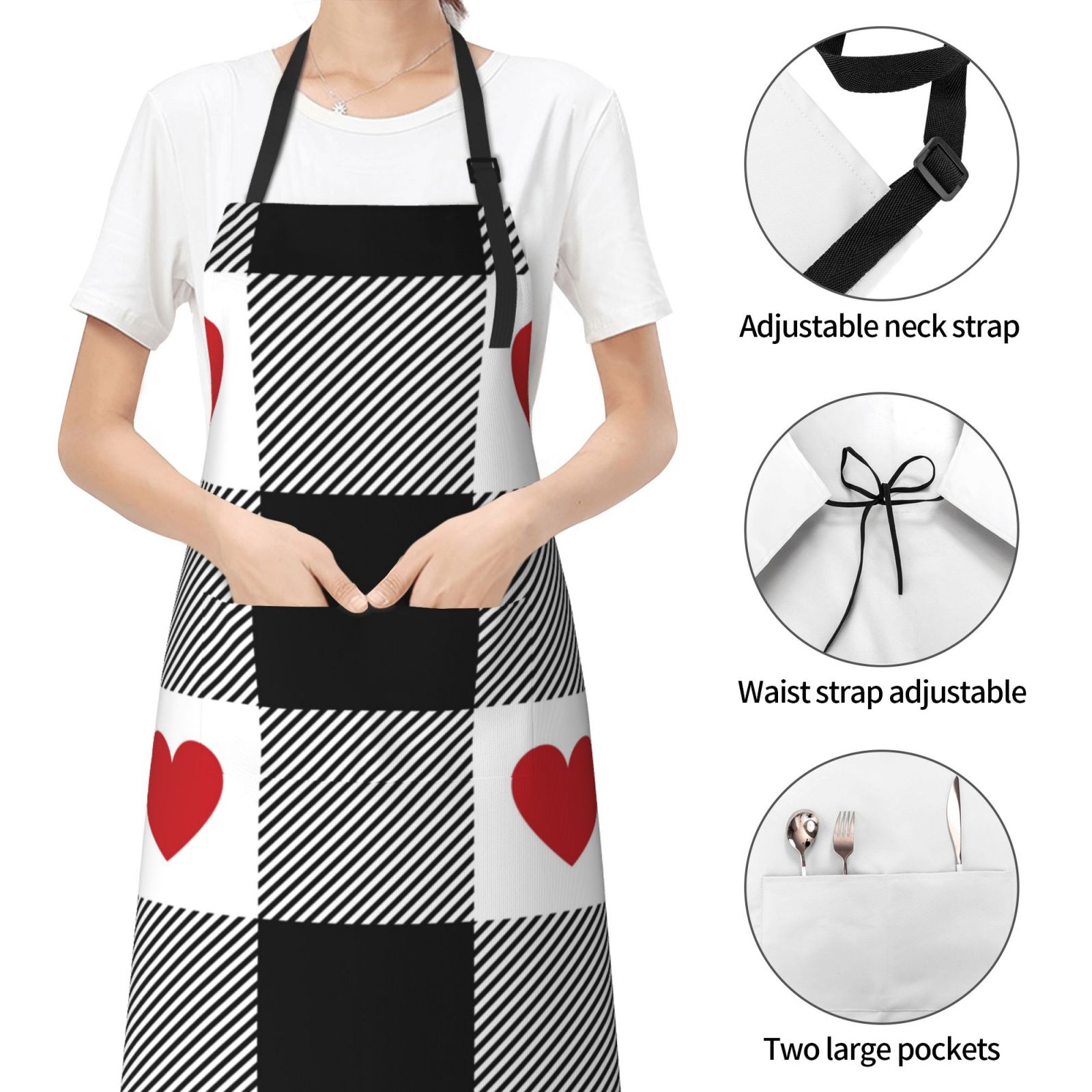 Kdxio Heart Black Buffalo Plaid Gingham Apron with Pockets Adjustable Kitchen Aprons for Men Women Waterproof Aprons for Cooking,Drawing,Crafting, Baking Household Cleaning