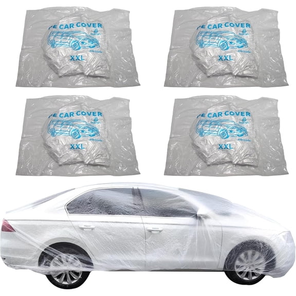 Aniceparthy 4 Pack Clear Disposable Car Covers, Medium Size Plastic Vehicle Protection Covers with Elastic Band, Universal Fit for Indoor Outdoor Rain Dust Garage Storage