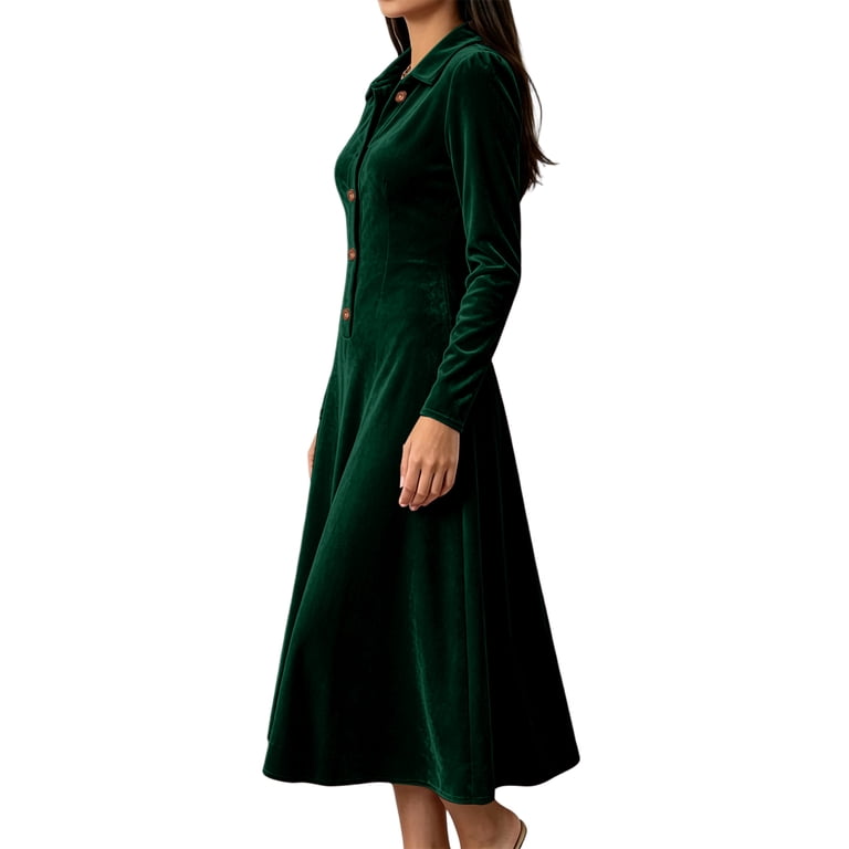 green velvet button down dress Women Collared Front Midi Dress, Long Sleeve High Waist A Line Flowy Dress, Elegant Vintage Formal Guest for Wedding Holiday Cocktail Party,Dark Green,2XL clutchnbspmodel