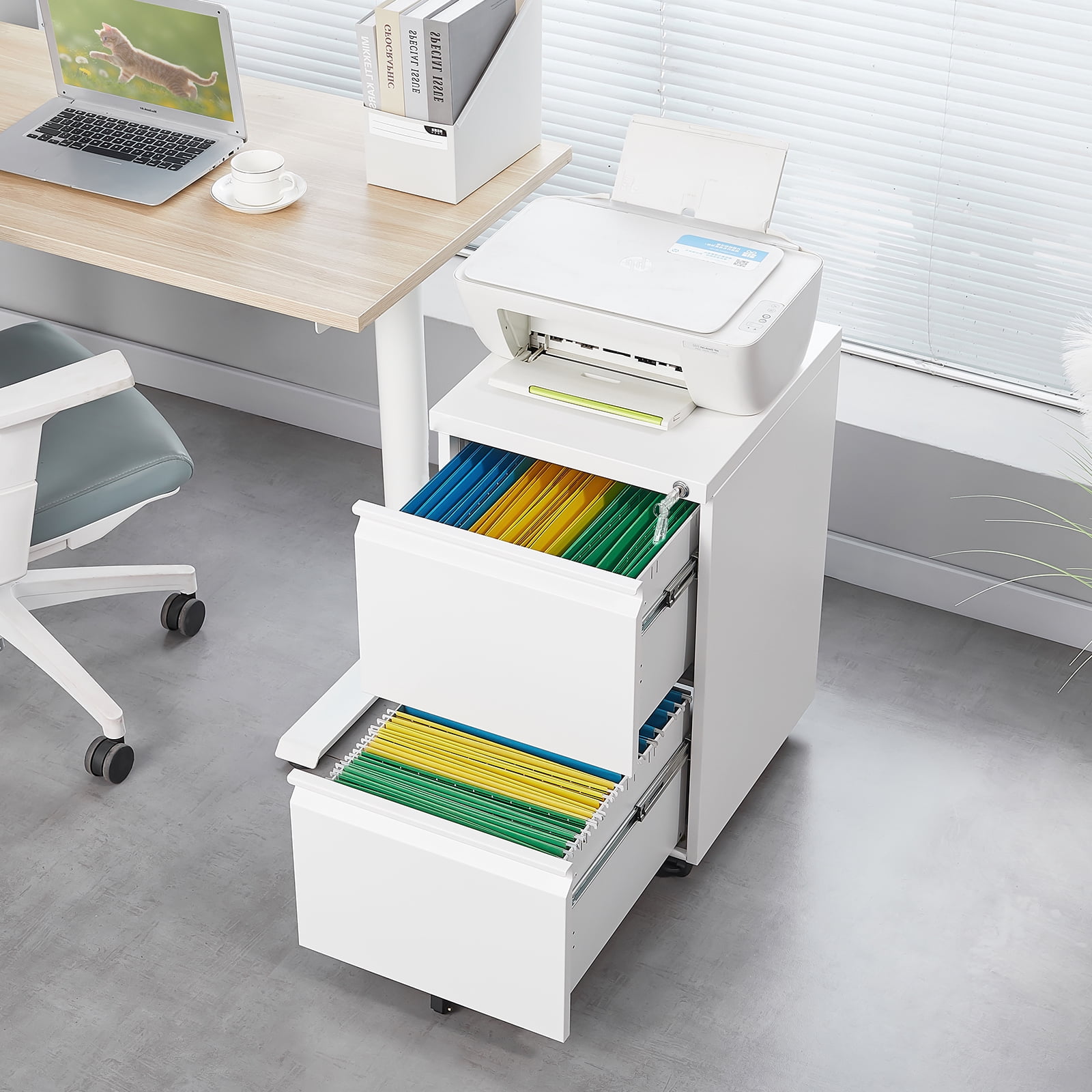 NICEGDLT 2 Drawer Mobile File Cabinet,Under Desk Anti-tip Files Cabinet,Metal Storage Filing Cabinet with Lock and Wheels,Office Storage Cabinet for Legal/Letter/A4 File,White