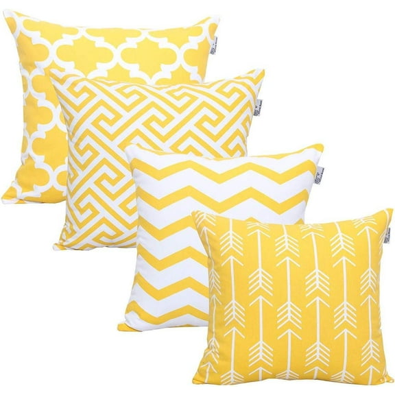 Accent Home Printed Cushion Covers Set of 4 - Decorative Square Throw Pillow , Indoor & Outdoor Cotton Cushion Cases , Geometric Design Yellow Pillowcases for Home Sofa - Bed - Couch 18 x 18 inch