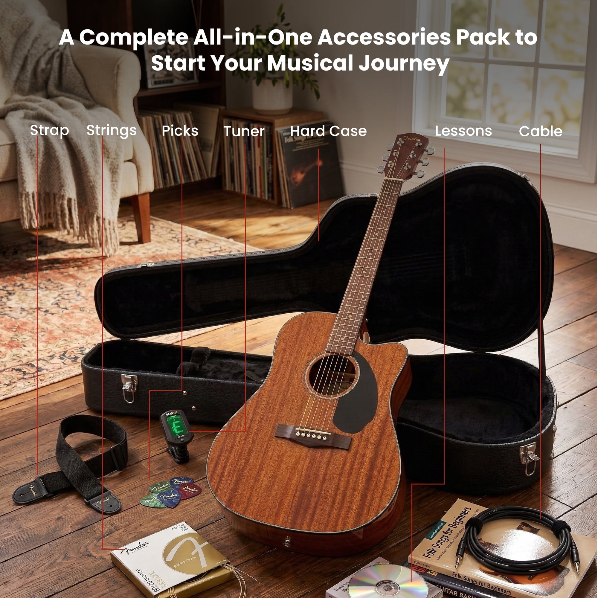 Fender CD-60SCE Solid Top All Mahogany Dreadnought Acoustic-Electric Guitar -Natural Bundle with Case, Cable, Tuner, Strap, Strings, Picks, Polishing Cloth and Austin Bazaar Instructional DVD
