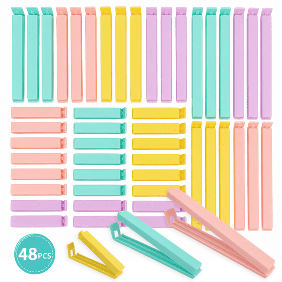 WLGJL 4 Size Assorted 48 PCS Food Bag Clips, Kitchen Sealing clips for Bags(4colors)