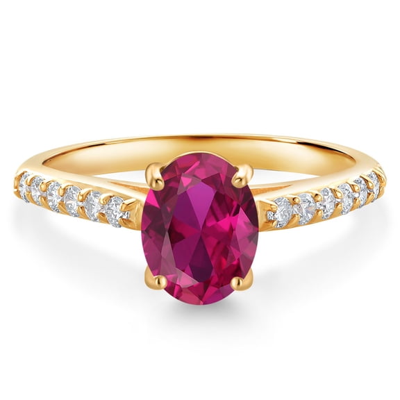 Gem Stone King 10K Yellow Gold Red Created Ruby and White Lab Grown Diamond Engagement Ring for Women (1.53 Cttw, Oval 8X6MM, Gemstone July Birthstone, Size 7)