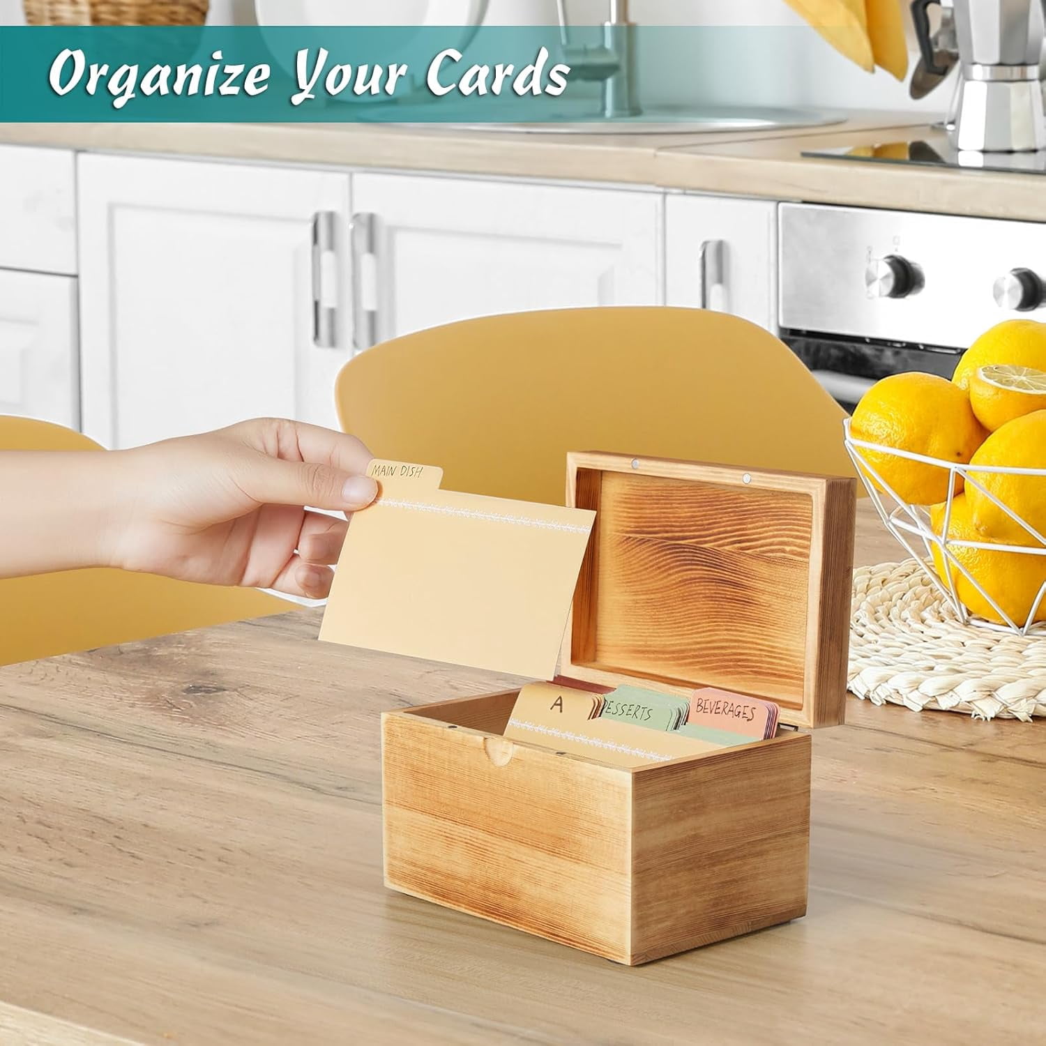 Index Card Holder, 3x5 Index Card Box, Wooden Index Card Organizer with 45 Dividers, Flashcard Notecard Holders for Home Office, Brown