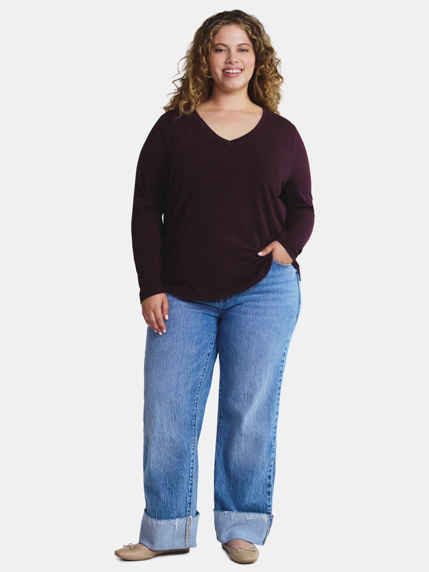 Terra & Sky Women's Plus Size Long Sleeve V-Neck Tee, Sizes 0X-5X